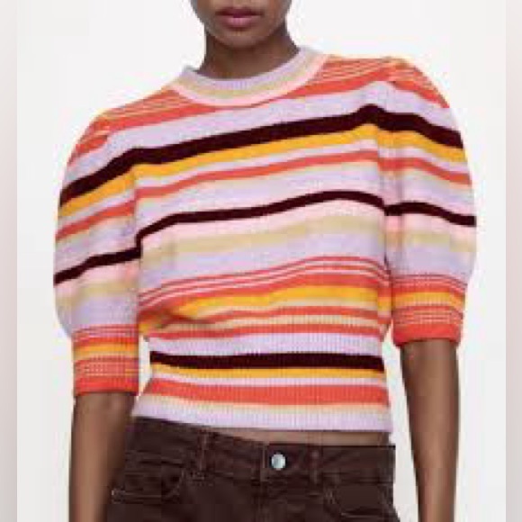Zara Sweaters - Zara Multicolor Striped Sweater with Puff Sleeves Size Small